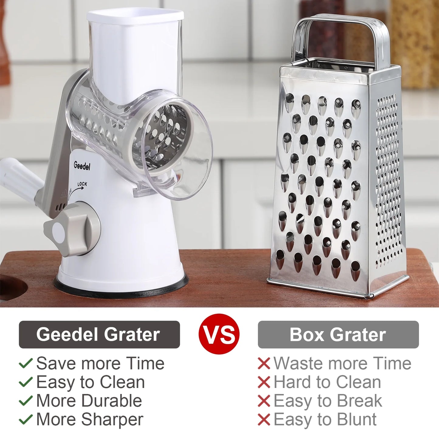 Rotary Cheese Grater, Kitchen Grater Vegetable Slicer with 3 Interchangeable Blades, Powerful Suction, Dishwasher Safe, Easy to Clean Grater for Vegetable, Fruit, Nuts