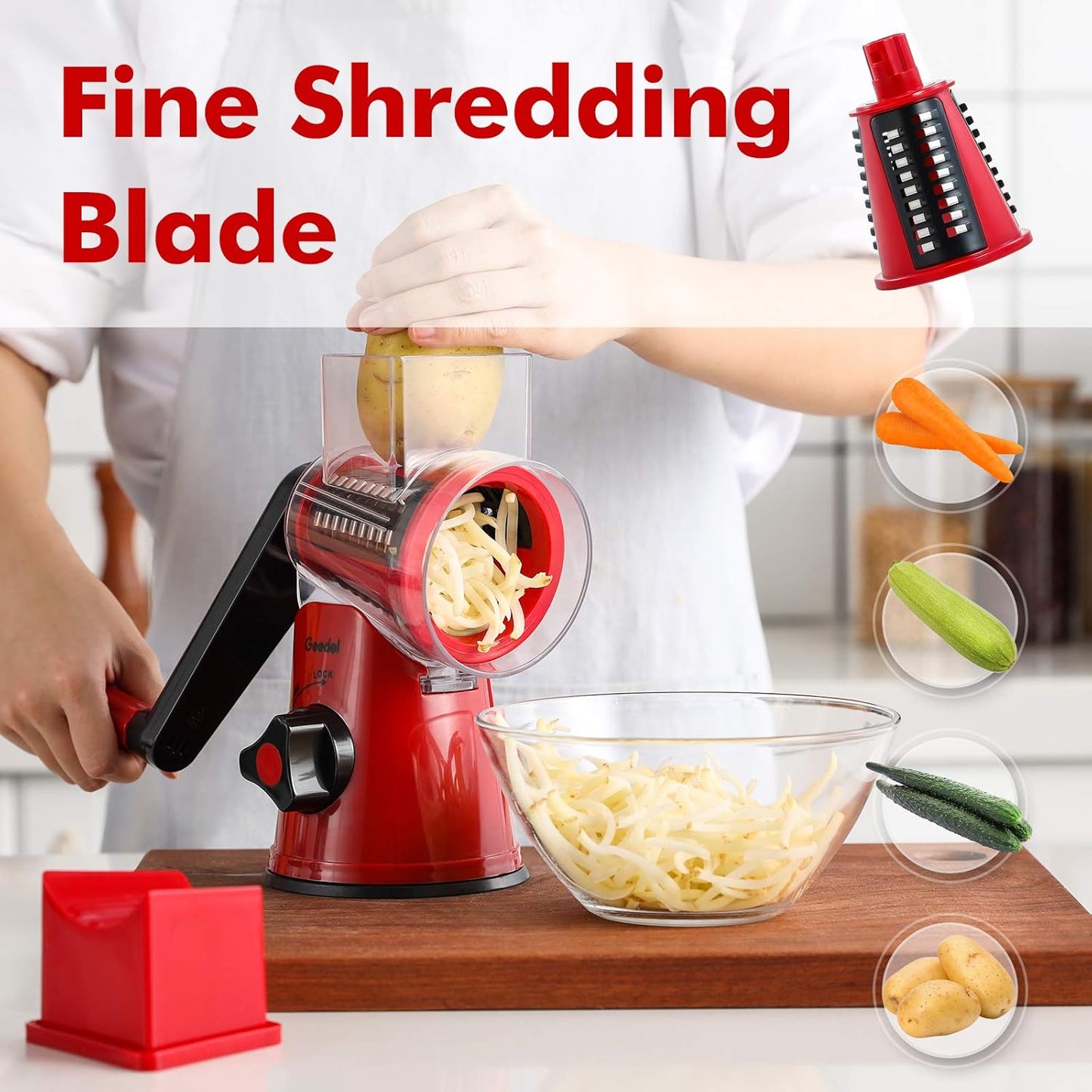Rotary Mandoline Slicer, 3-In-1 Vegetable and Cheese Grater, Red, ABS Material, Easy to Clean and Store