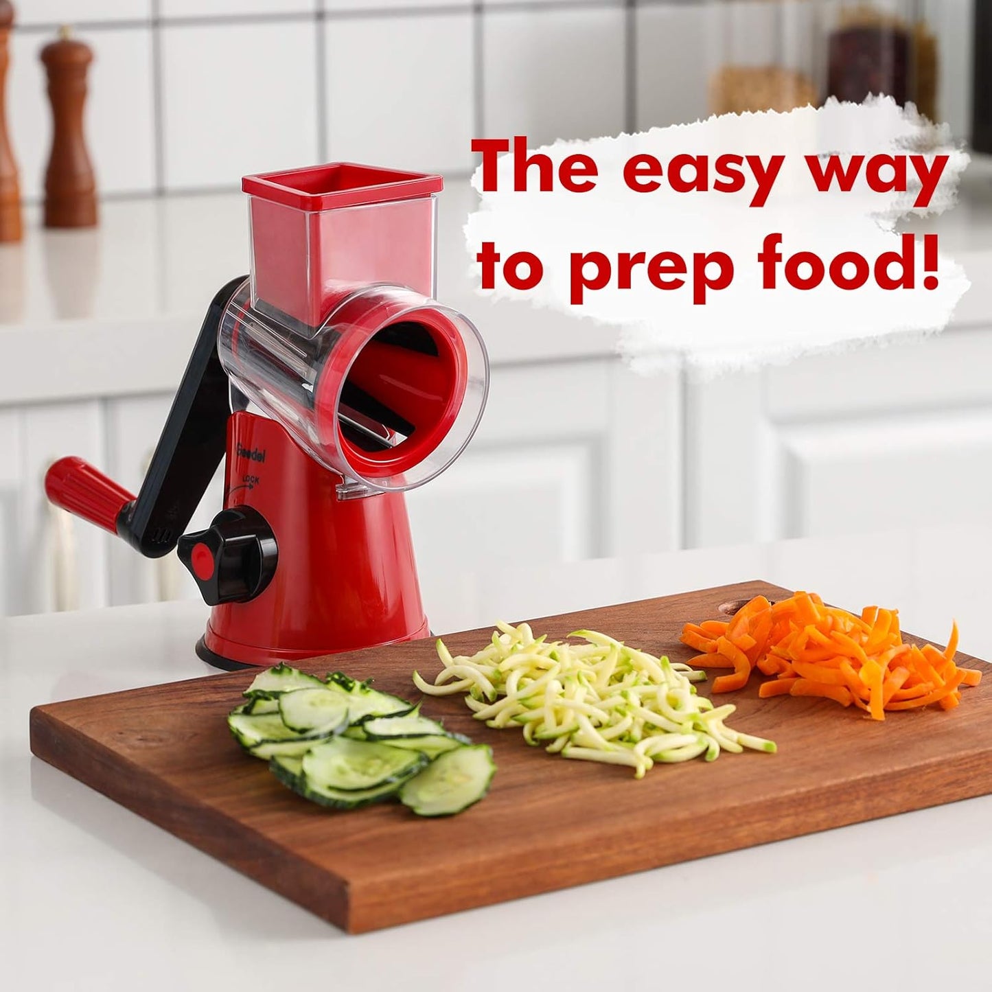 Rotary Mandoline Slicer, 3-In-1 Vegetable and Cheese Grater, Red, ABS Material, Easy to Clean and Store