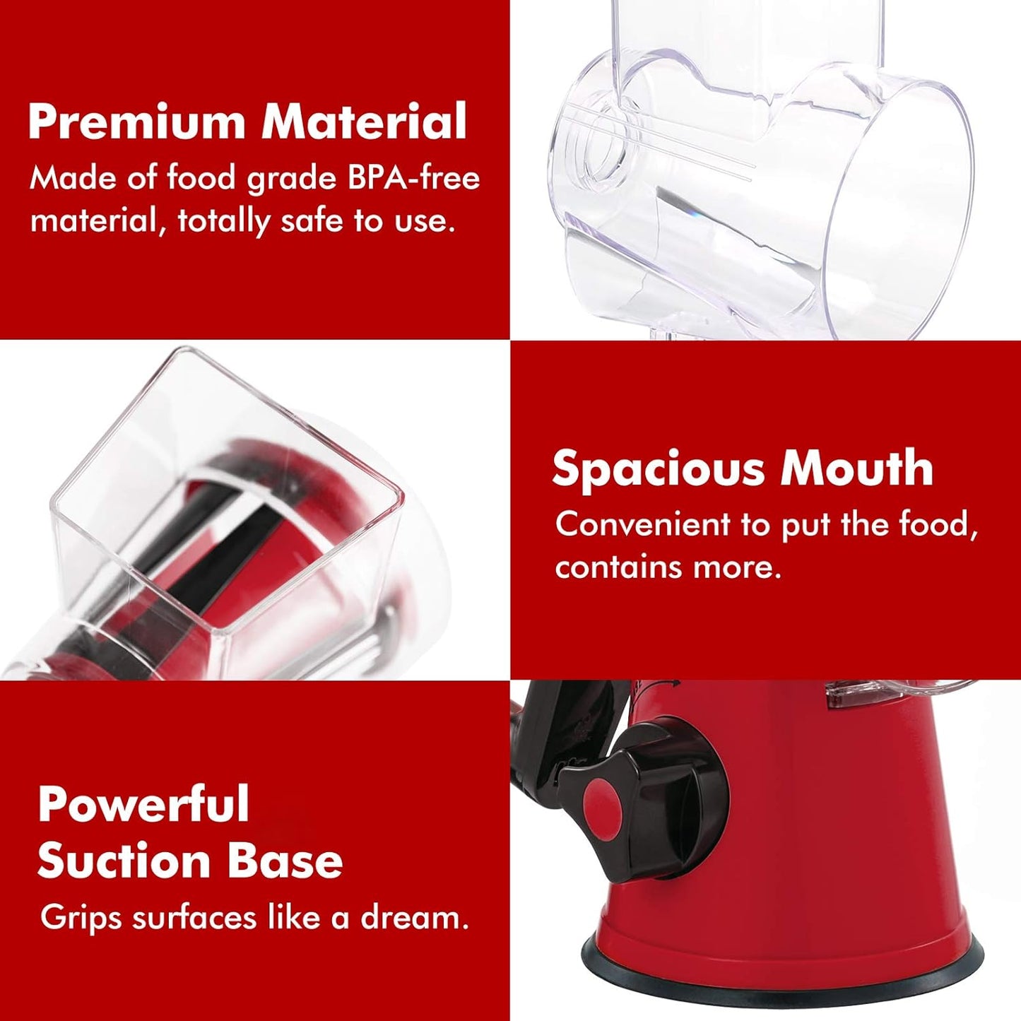 Rotary Mandoline Slicer, 3-In-1 Vegetable and Cheese Grater, Red, ABS Material, Easy to Clean and Store