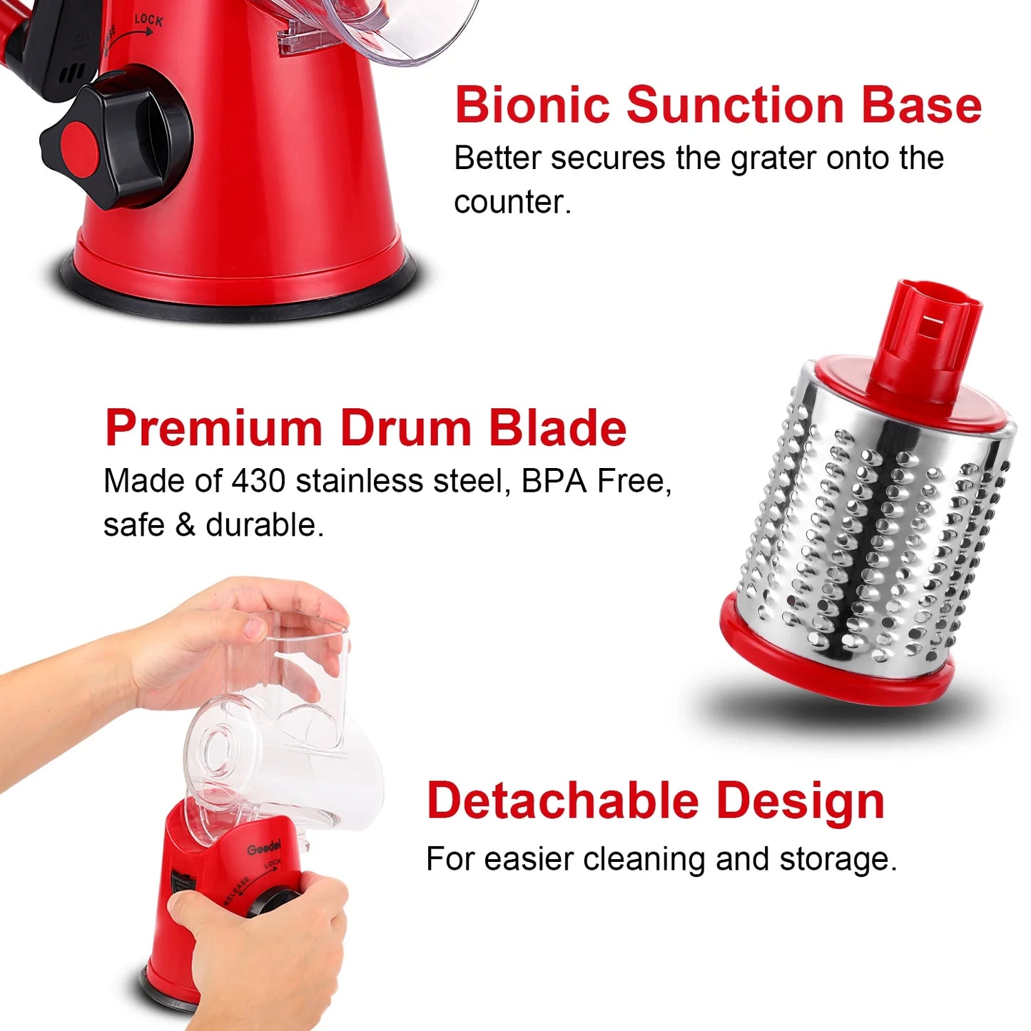 Rotary Cheese Grater, Kitchen Grater Vegetable Slicer with 3 Interchangeable Blades, Powerful Suction, Dishwasher Safe, Easy to Clean Grater for Vegetable, Fruit, Nuts