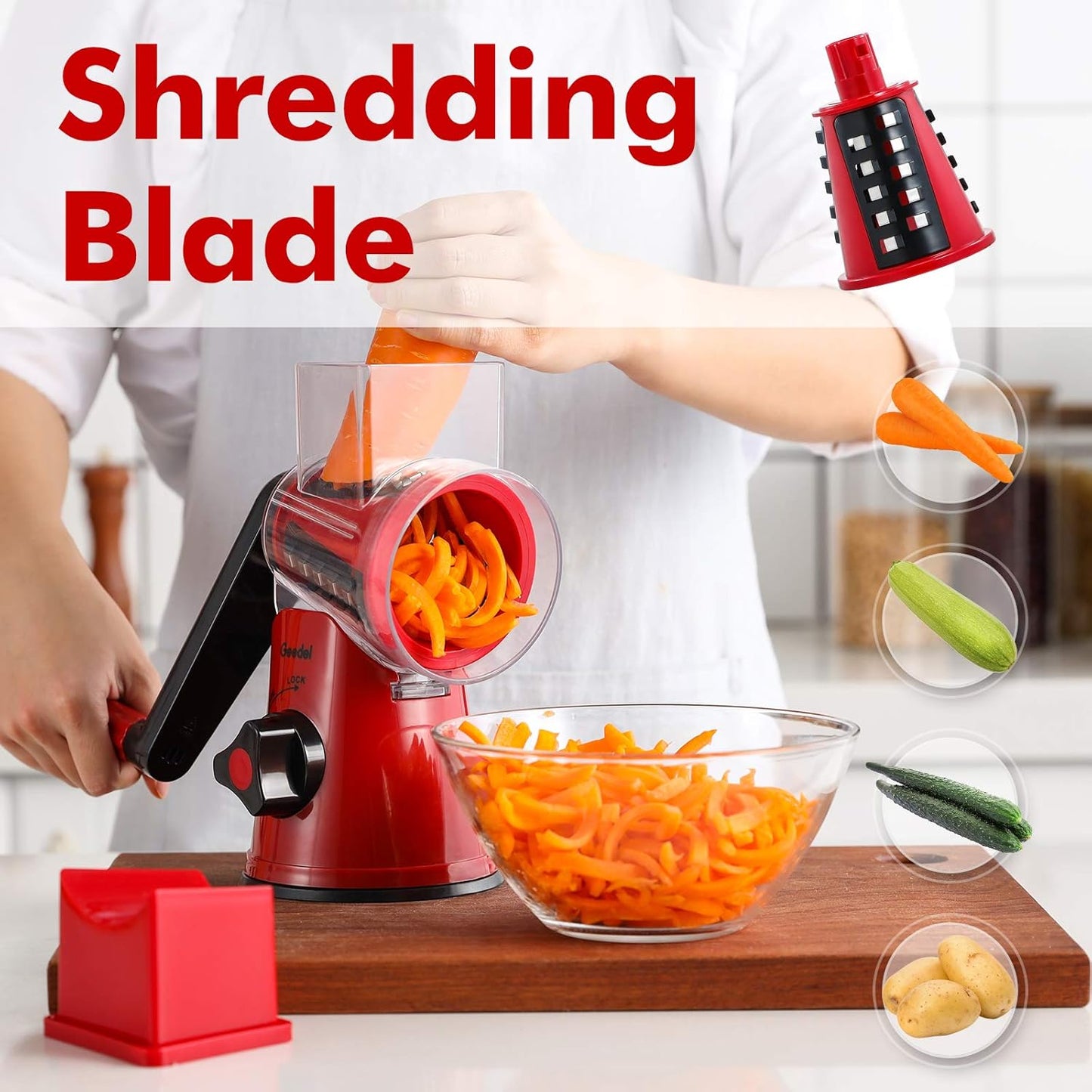 Rotary Mandoline Slicer, 3-In-1 Vegetable and Cheese Grater, Red, ABS Material, Easy to Clean and Store