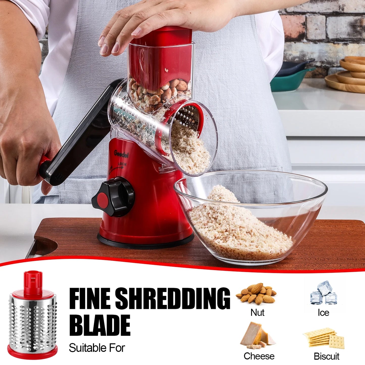 Rotary Cheese Grater, Kitchen Grater Vegetable Slicer with 3 Interchangeable Blades, Powerful Suction, Dishwasher Safe, Easy to Clean Grater for Vegetable, Fruit, Nuts