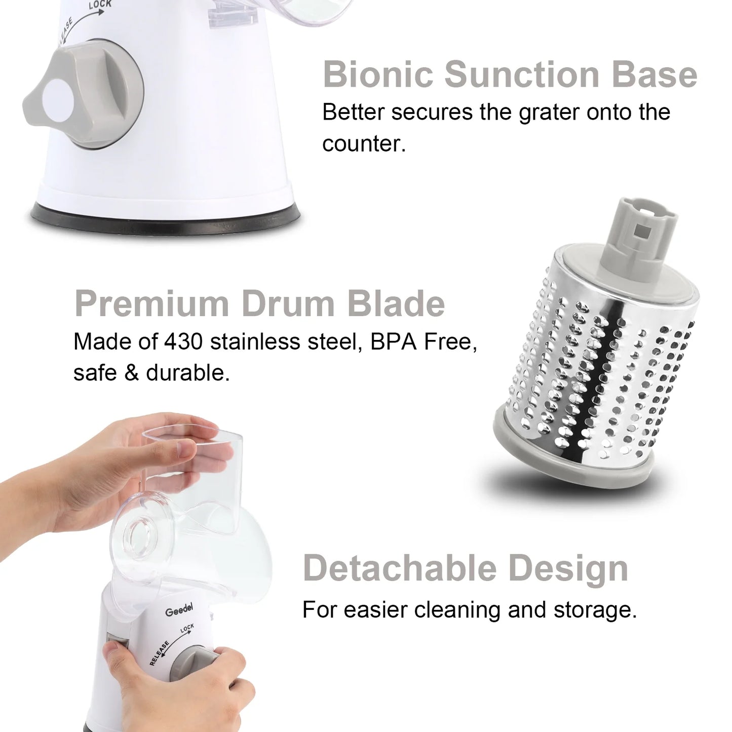 Rotary Cheese Grater, Kitchen Grater Vegetable Slicer with 3 Interchangeable Blades, Powerful Suction, Dishwasher Safe, Easy to Clean Grater for Vegetable, Fruit, Nuts