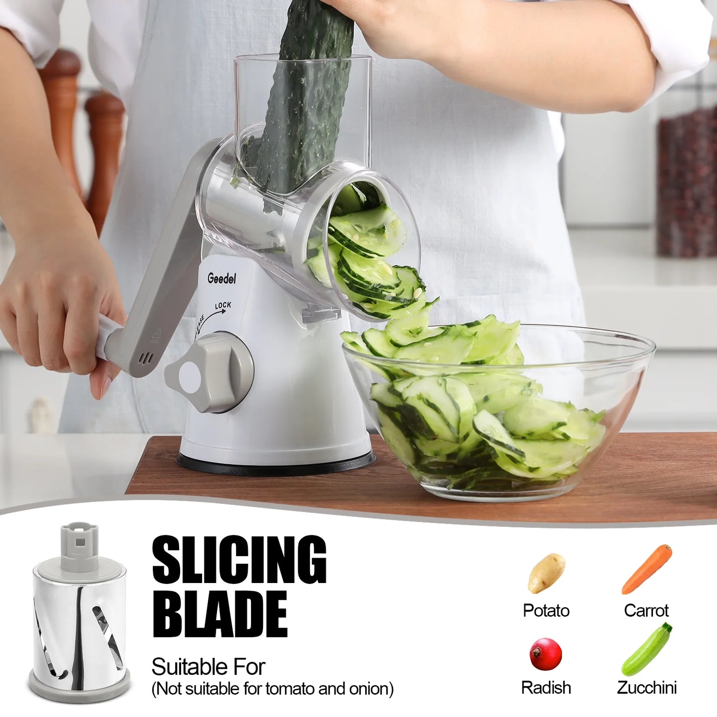 Rotary Cheese Grater, Kitchen Grater Vegetable Slicer with 3 Interchangeable Blades, Powerful Suction, Dishwasher Safe, Easy to Clean Grater for Vegetable, Fruit, Nuts