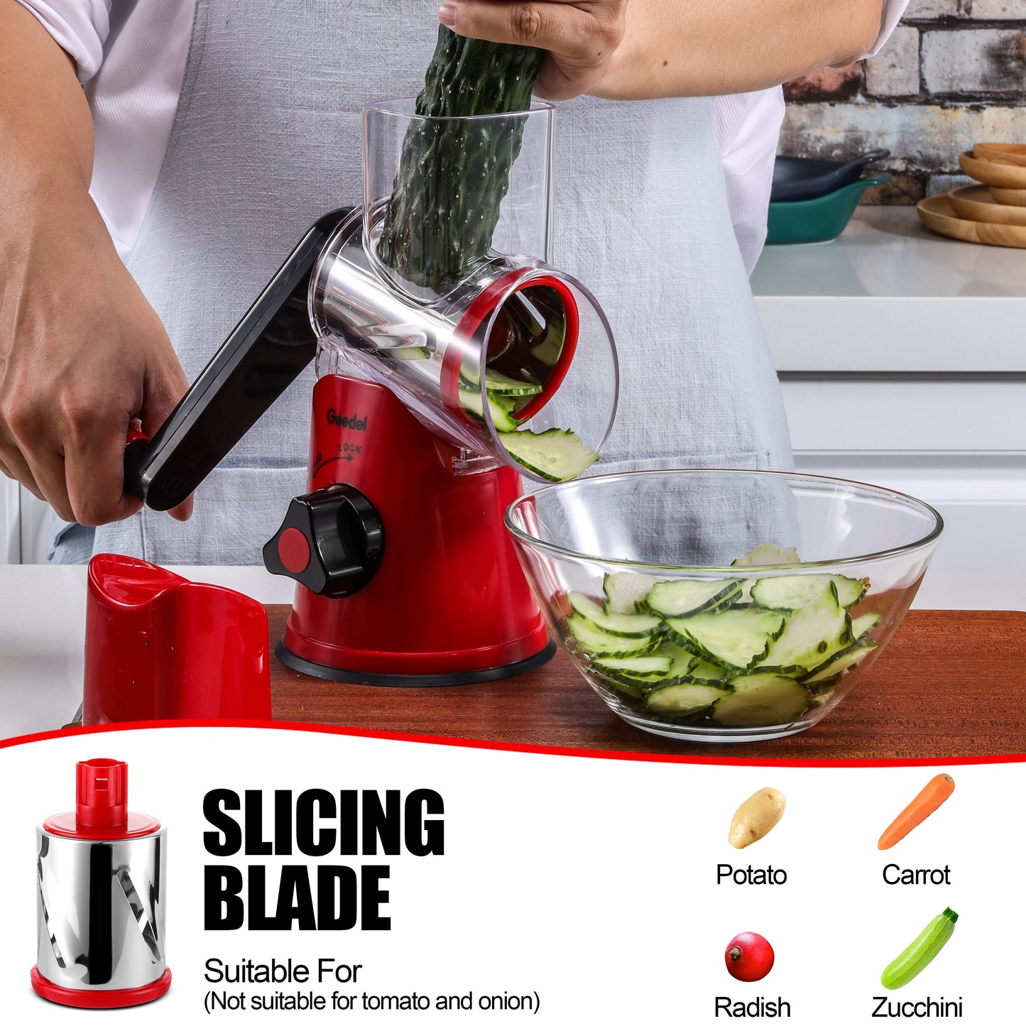 Rotary Cheese Grater, Kitchen Grater Vegetable Slicer with 3 Interchangeable Blades, Powerful Suction, Dishwasher Safe, Easy to Clean Grater for Vegetable, Fruit, Nuts