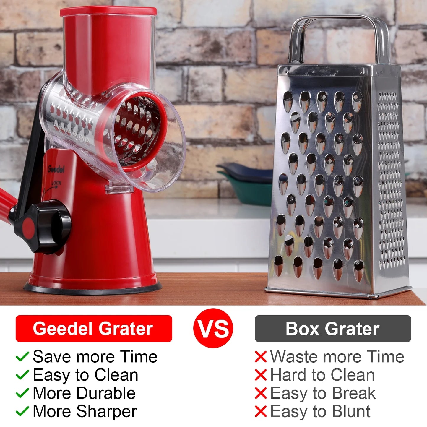 Rotary Cheese Grater, Kitchen Grater Vegetable Slicer with 3 Interchangeable Blades, Powerful Suction, Dishwasher Safe, Easy to Clean Grater for Vegetable, Fruit, Nuts