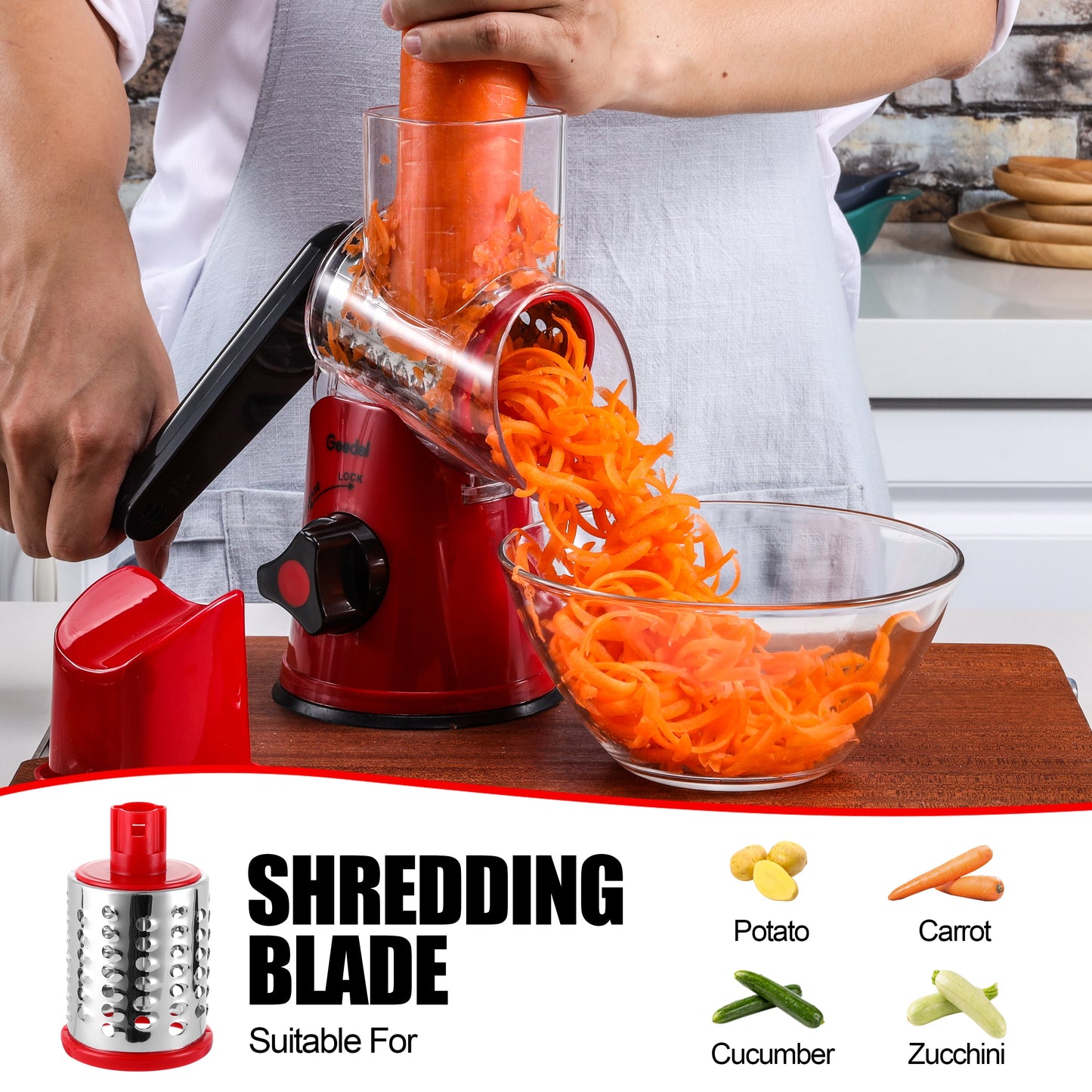 Rotary Cheese Grater, Kitchen Grater Vegetable Slicer with 3 Interchangeable Blades, Powerful Suction, Dishwasher Safe, Easy to Clean Grater for Vegetable, Fruit, Nuts