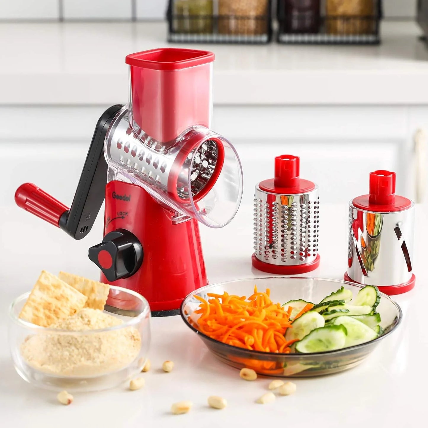 Rotary Cheese Grater, Kitchen Grater Vegetable Slicer with 3 Interchangeable Blades, Powerful Suction, Dishwasher Safe, Easy to Clean Grater for Vegetable, Fruit, Nuts