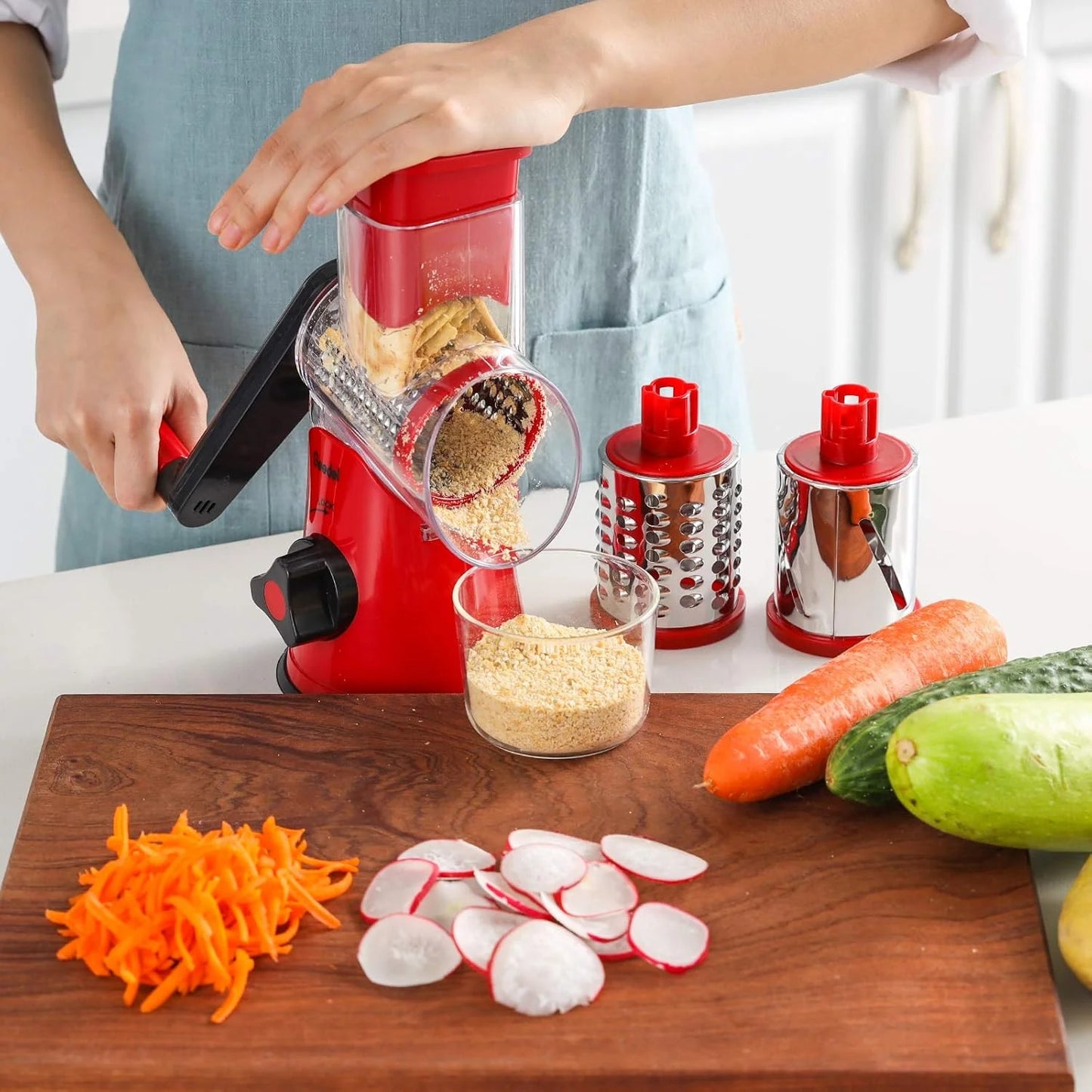 Rotary Cheese Grater, Kitchen Grater Vegetable Slicer with 3 Interchangeable Blades, Powerful Suction, Dishwasher Safe, Easy to Clean Grater for Vegetable, Fruit, Nuts