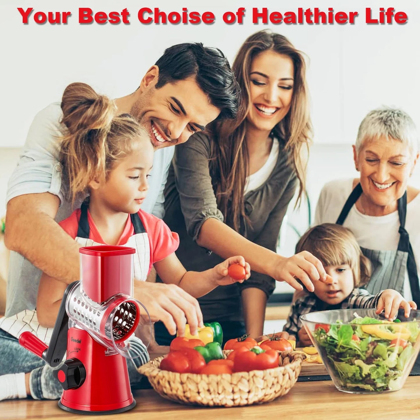 Rotary Cheese Grater, Kitchen Grater Vegetable Slicer with 3 Interchangeable Blades, Powerful Suction, Dishwasher Safe, Easy to Clean Grater for Vegetable, Fruit, Nuts