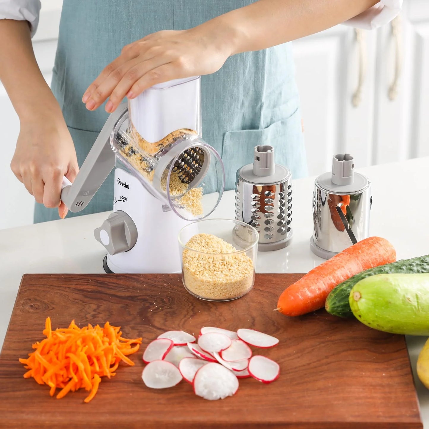 Rotary Cheese Grater, Kitchen Grater Vegetable Slicer with 3 Interchangeable Blades, Powerful Suction, Dishwasher Safe, Easy to Clean Grater for Vegetable, Fruit, Nuts
