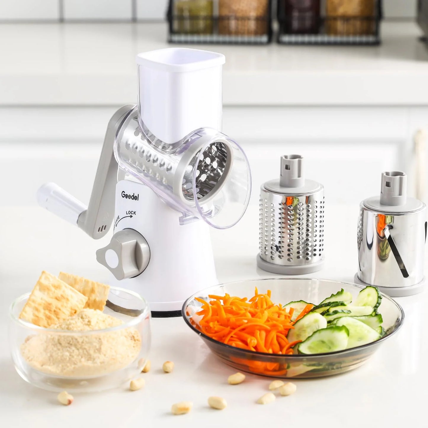 Rotary Cheese Grater, Kitchen Grater Vegetable Slicer with 3 Interchangeable Blades, Powerful Suction, Dishwasher Safe, Easy to Clean Grater for Vegetable, Fruit, Nuts