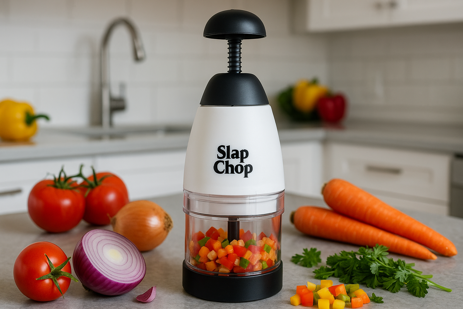kichen with vegitables and device called slap chop you can find it on internet