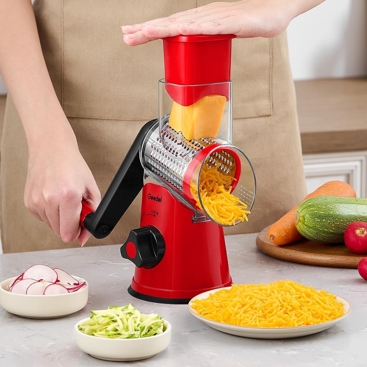 Rotary Cheese Grater, Kitchen Mandoline Vegetable Slicer with 3 Interchangeable Blades, Easy to Clean Grater for Fruit, Vegetables, Nuts