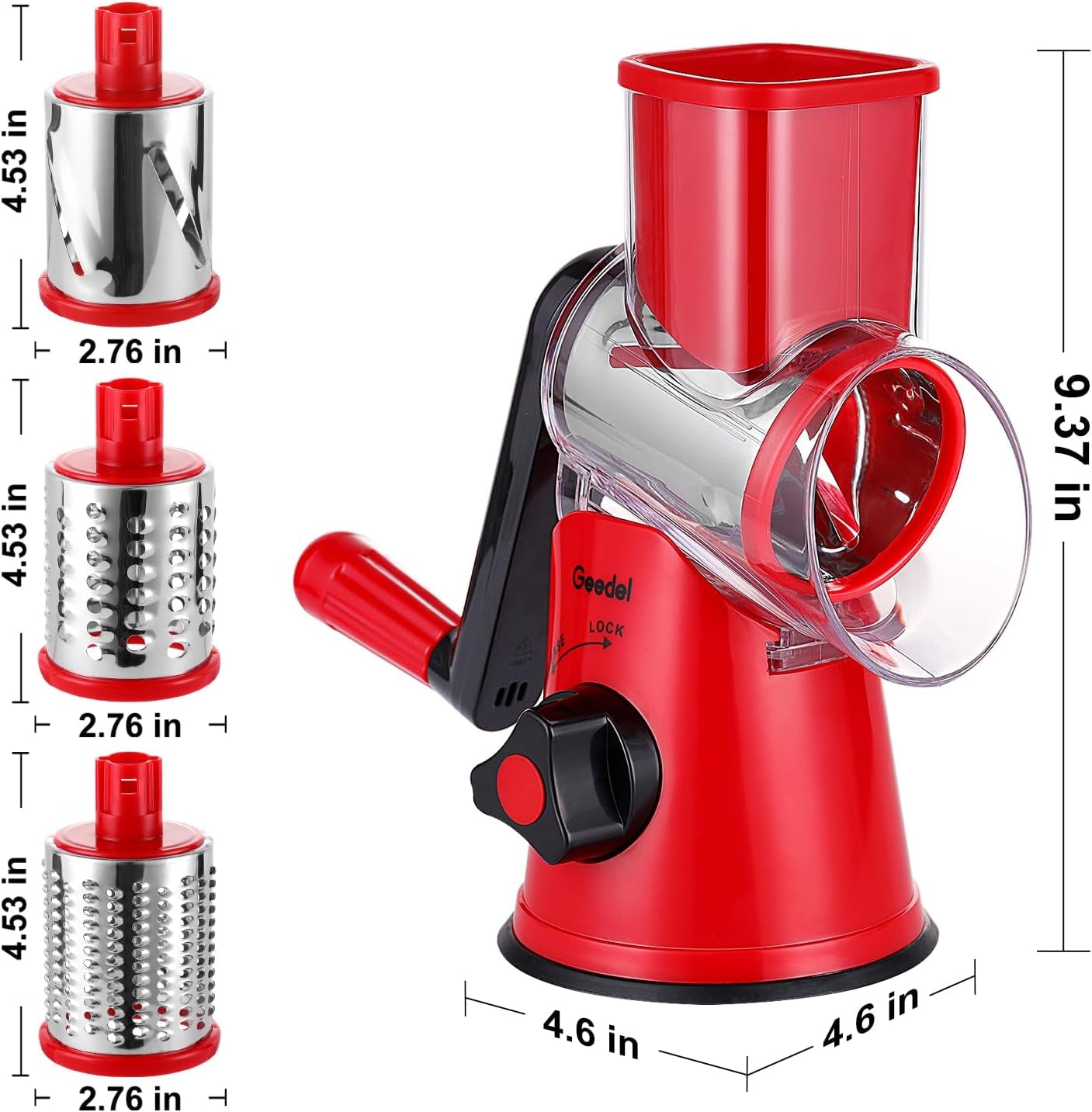 Rotary Cheese Grater, Kitchen Mandoline Vegetable Slicer with 3 Interchangeable Blades, Easy to Clean Grater for Fruit, Vegetables, Nuts