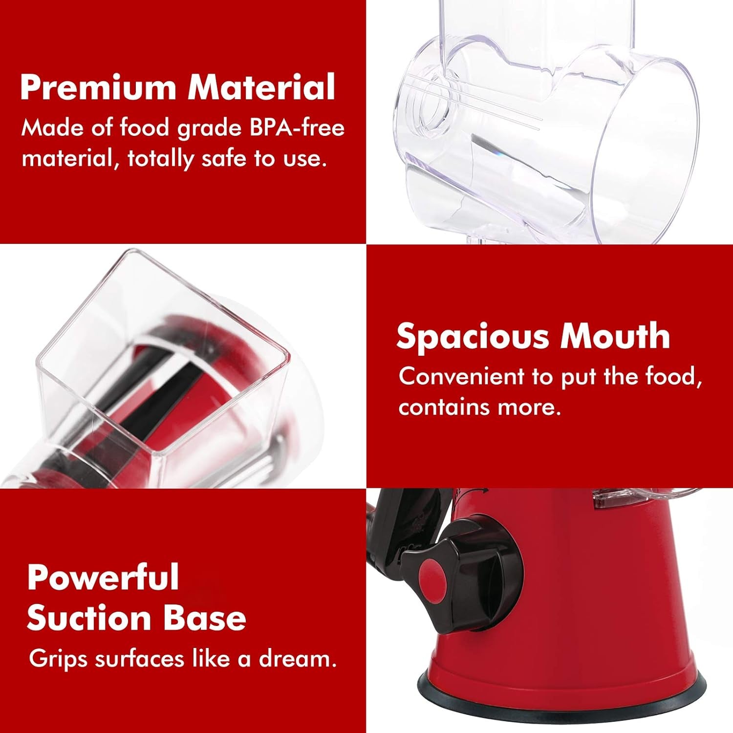 Rotary Mandoline Slicer, 3-In-1 Vegetable and Cheese Grater, Red, ABS Material, Easy to Clean and Store