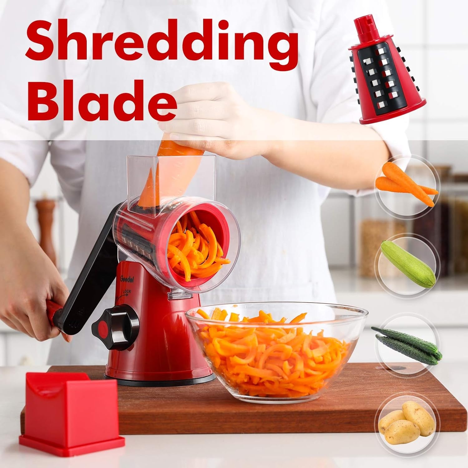 Rotary Mandoline Slicer, 3-In-1 Vegetable and Cheese Grater, Red, ABS Material, Easy to Clean and Store
