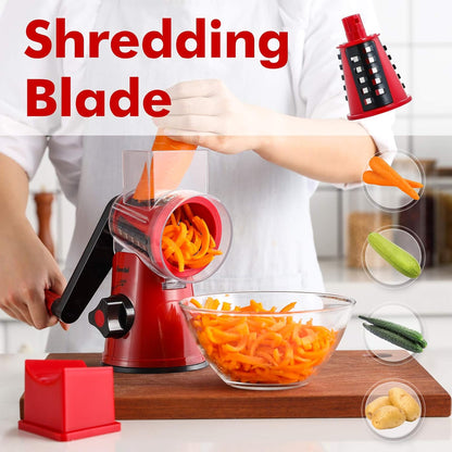 Rotary Mandoline Slicer, 3-In-1 Vegetable and Cheese Grater, Red, ABS Material, Easy to Clean and Store