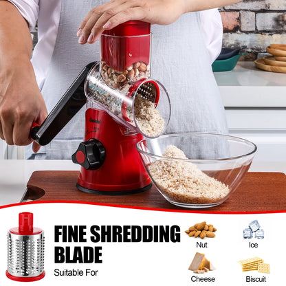 Rotary Cheese Grater, Kitchen Grater Vegetable Slicer with 3 Interchangeable Blades, Powerful Suction, Dishwasher Safe, Easy to Clean Grater for Vegetable, Fruit, Nuts