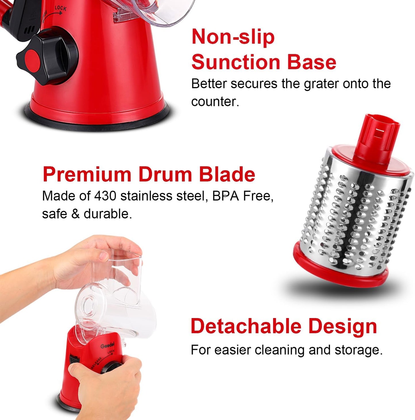 Rotary Cheese Grater, Kitchen Mandoline Vegetable Slicer with 3 Interchangeable Blades, Easy to Clean Grater for Fruit, Vegetables, Nuts