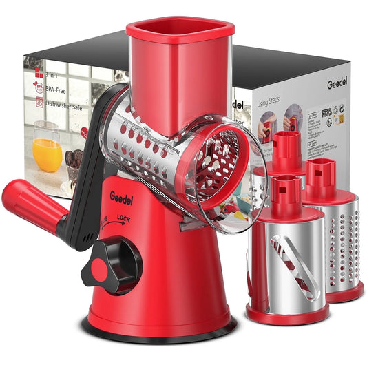 Rotary Cheese Grater, Kitchen Grater Vegetable Slicer with 3 Interchangeable Blades, Powerful Suction, Dishwasher Safe, Easy to Clean Grater for Vegetable, Fruit, Nuts