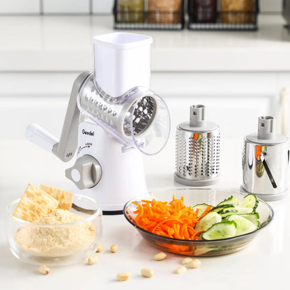 Rotary Cheese Grater, Kitchen Grater Vegetable Slicer with 3 Interchangeable Blades, Powerful Suction, Dishwasher Safe, Easy to Clean Grater for Vegetable, Fruit, Nuts