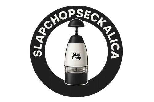 generate logo with text in the circle and text is slapchopseckalica and in the midle slap chop product find it on the internet and put it nice together